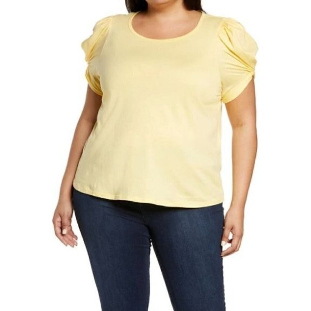 NWT Bobeau Puff Sleeve Cotton T-Shirt in Light Yellow - Size: 1X